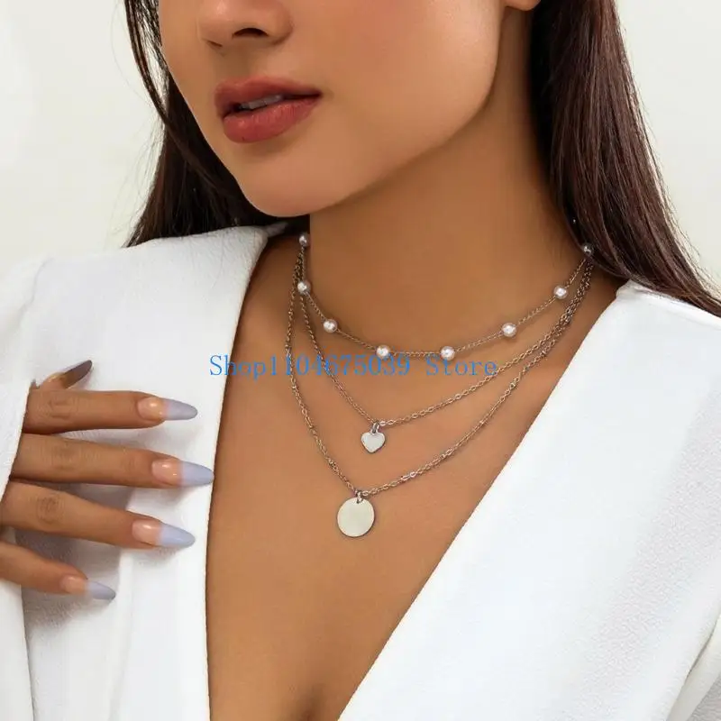 5asd Stylish Dark Themed Multi Layer Necklace Combining Metal Sequins And Pearls Designed For Fashion Forward Women