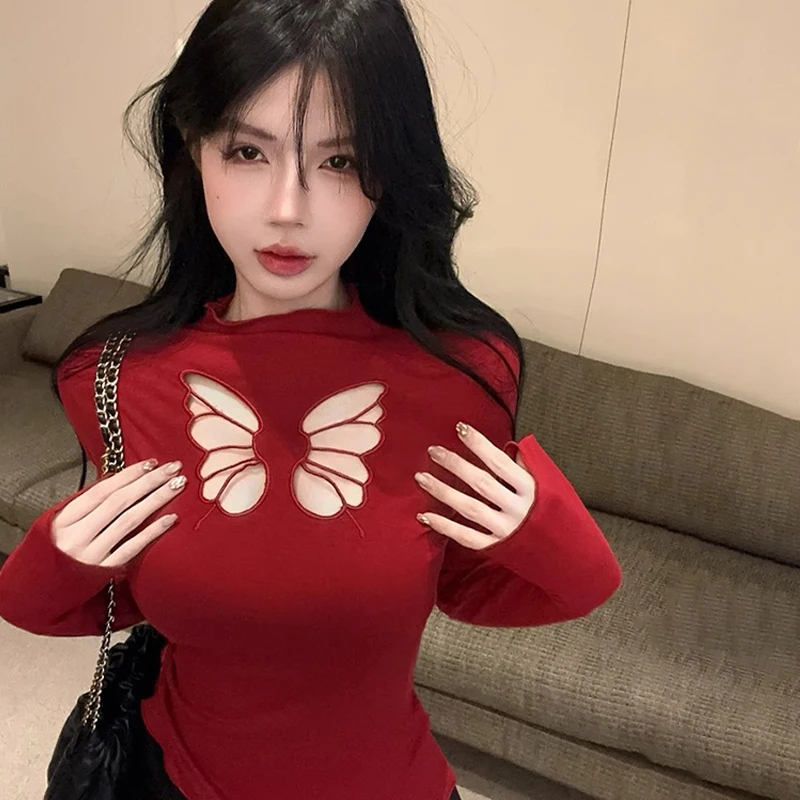 Hot Girls Half Turtleneck Long Sleeve Butterfly Hollow Slim T-shirt Women Crop Top