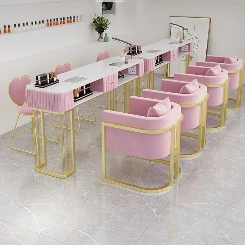 Pink Modern Nail Desk Speciality Golden Luxury Nordic Nails Table Design Metal Mesa Manicure Tisch Salon Furniture