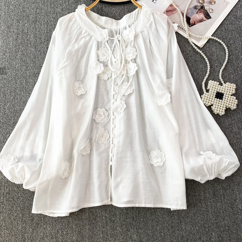 TEELYNN Vintage Lantern Sleeve O-neck Blouses Shirts Women Tops Casual Floral Appliques Embroidery Loose Shirt Cotton Blusa Boho