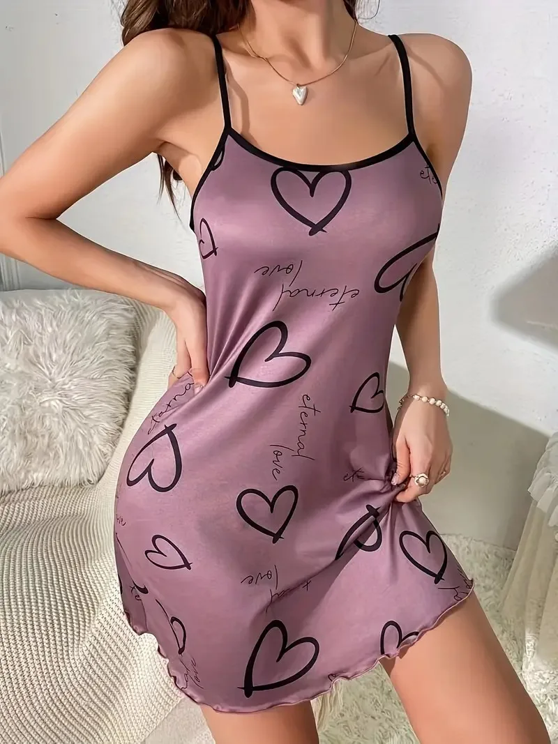 Womens Sleepwear Heart & Letter Print Nightdress Soft Lettuce Trim Round Neck Backless Slip Dress Comfy Casual Nightgowns