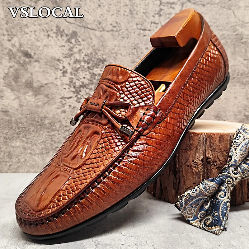 Luxury Men's Loafers Black Brown Croco Print Bowknot Casual Dress Wedding Banquet Slip-on Genuine Leather Loafers Men