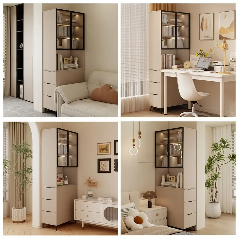 Dust-proof bookcase with glass door display cabinet Living room display storage vertical cabinet Solid wood storage side