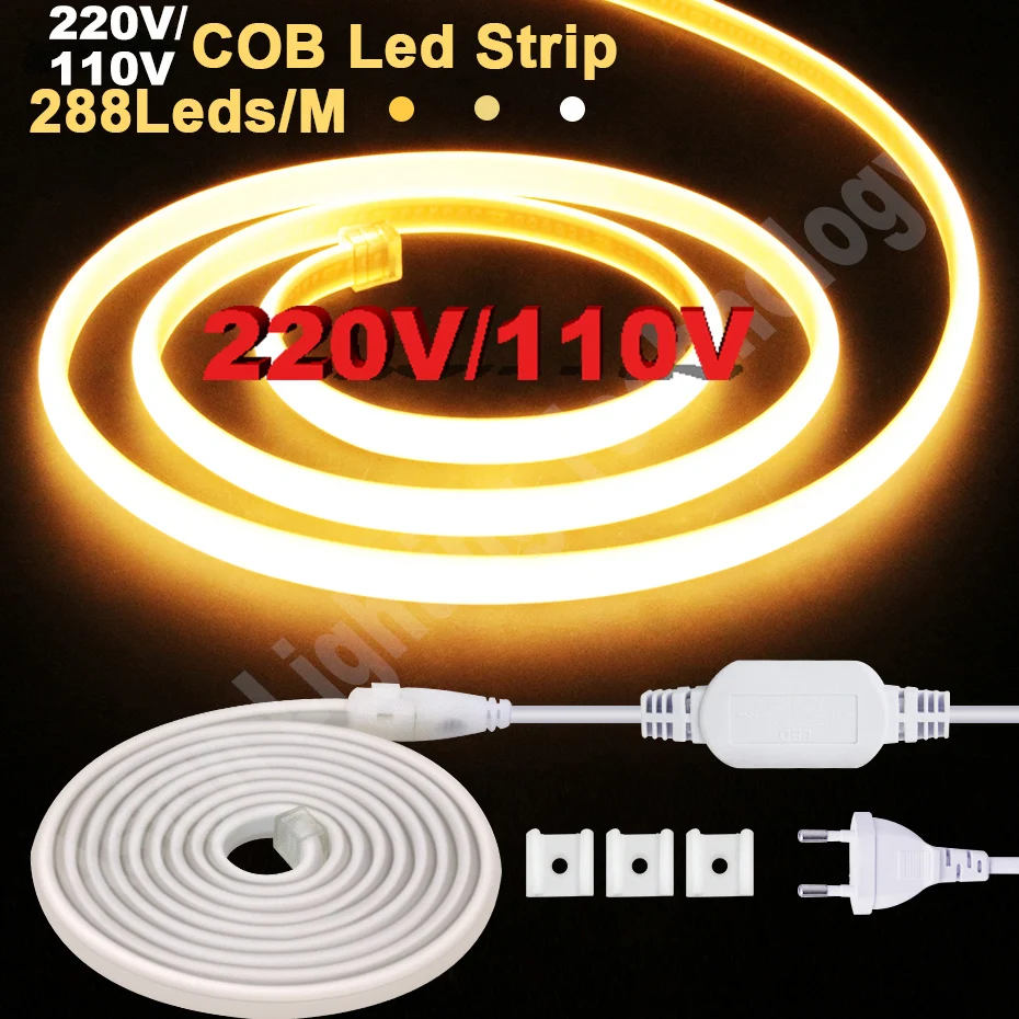 

Waterproof 220V/110V LED COB Strip Light 288Leds/m 50m 30m 20m SMD2835 Flexible Tape Lamp for Outdoor Lighting Decor LED Ribbon