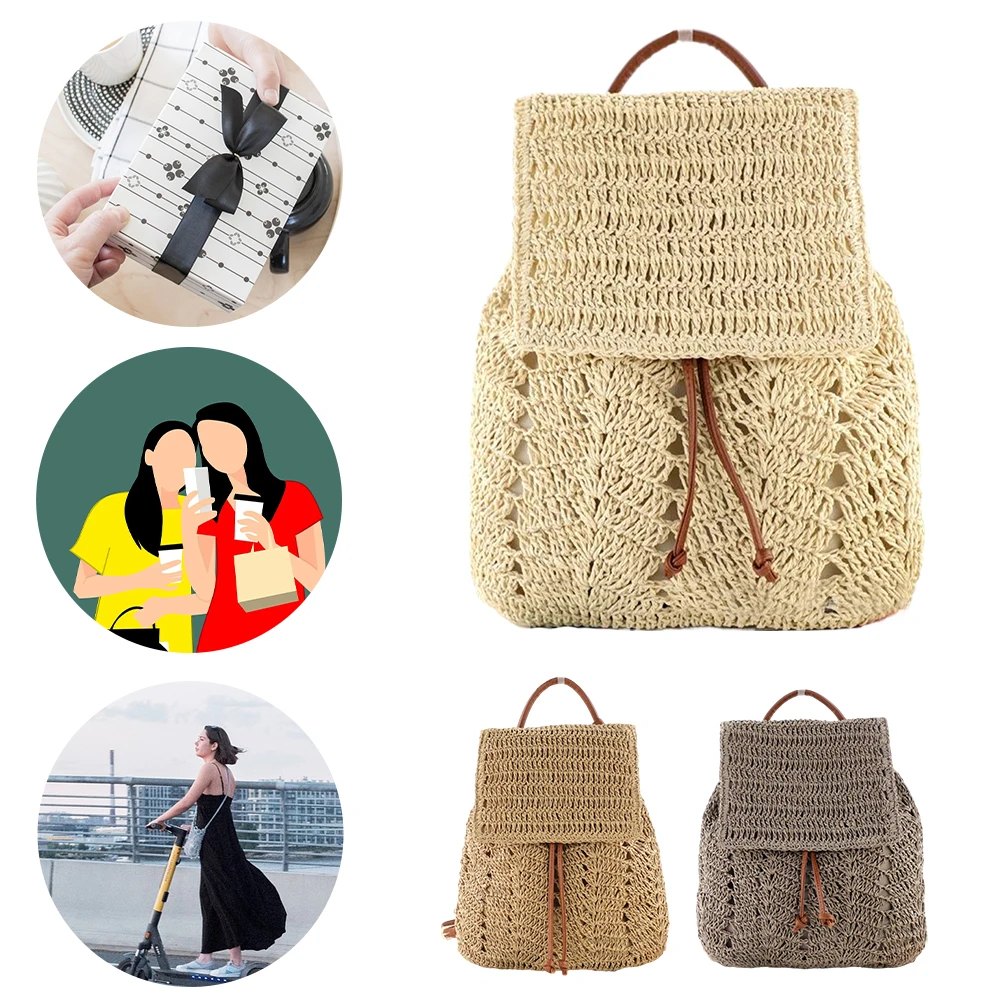 

Woven Straw Beach Drawstring Backpack for Women Girls Shoulders Bucket Bag Crochet Shoulder Backpack for Summer Beach Holiday