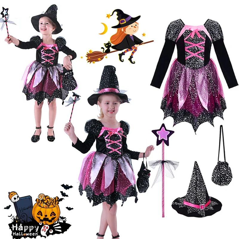 Little Girls Pink‑Red Star Witch Fancy Dress Outfit for Kids Trick Or Treat Stage Halloween Performance Dress‑Up