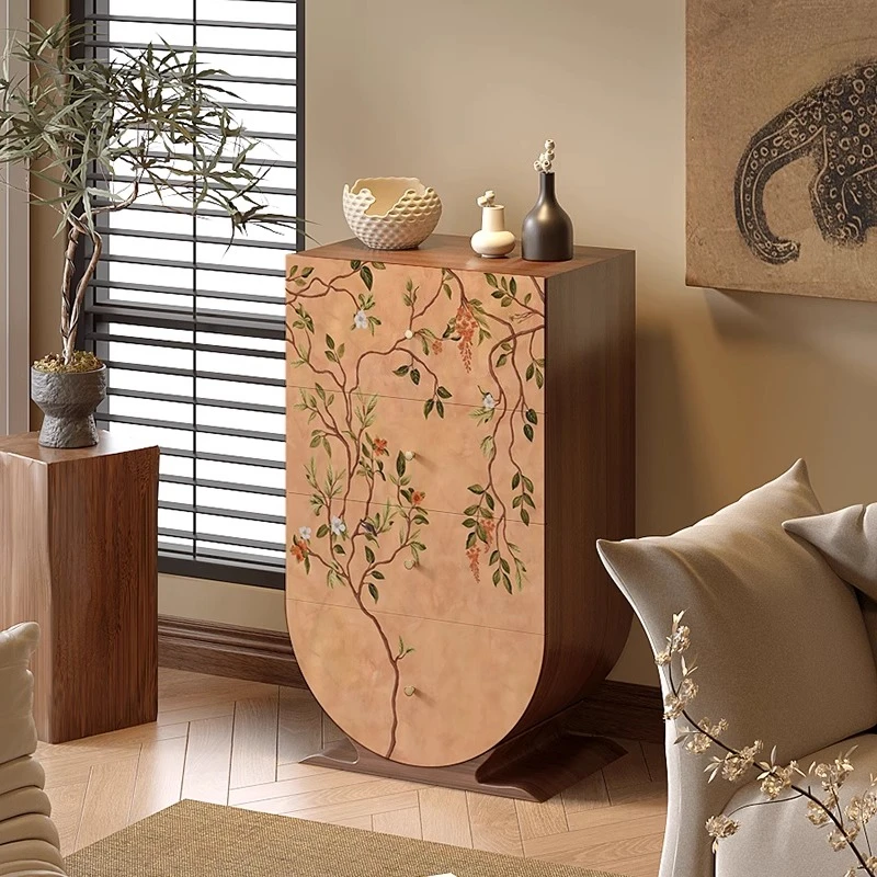 Retro style plant flower solid wood four chest cabinet living room against the wall storage drawer cabinet