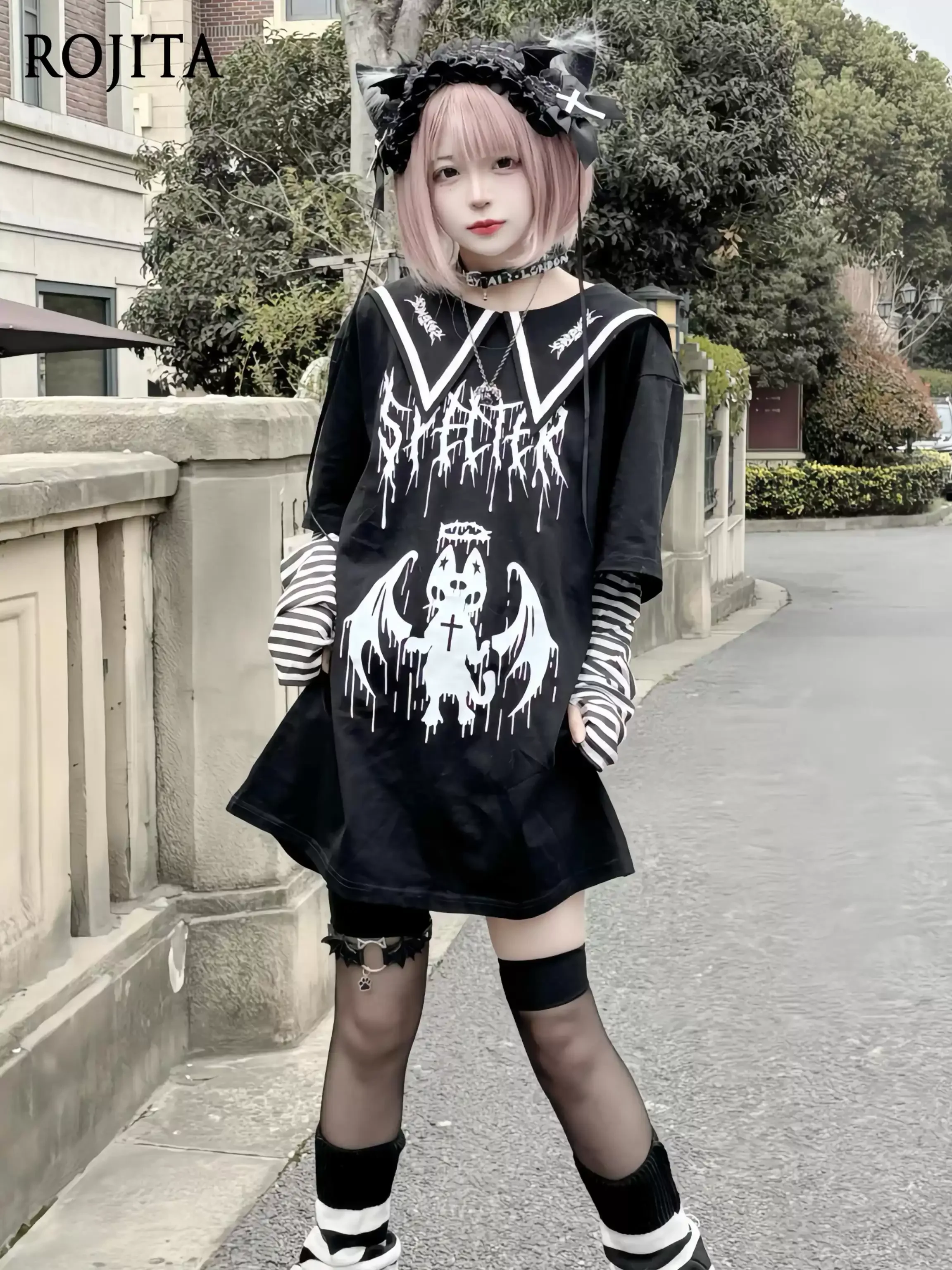 Original Y2k Top Cute Navy Collar Sailor Uniform Subculture Embroider Print Jirai Kei Tshirt Japanese Loose Casual Black T-shirt