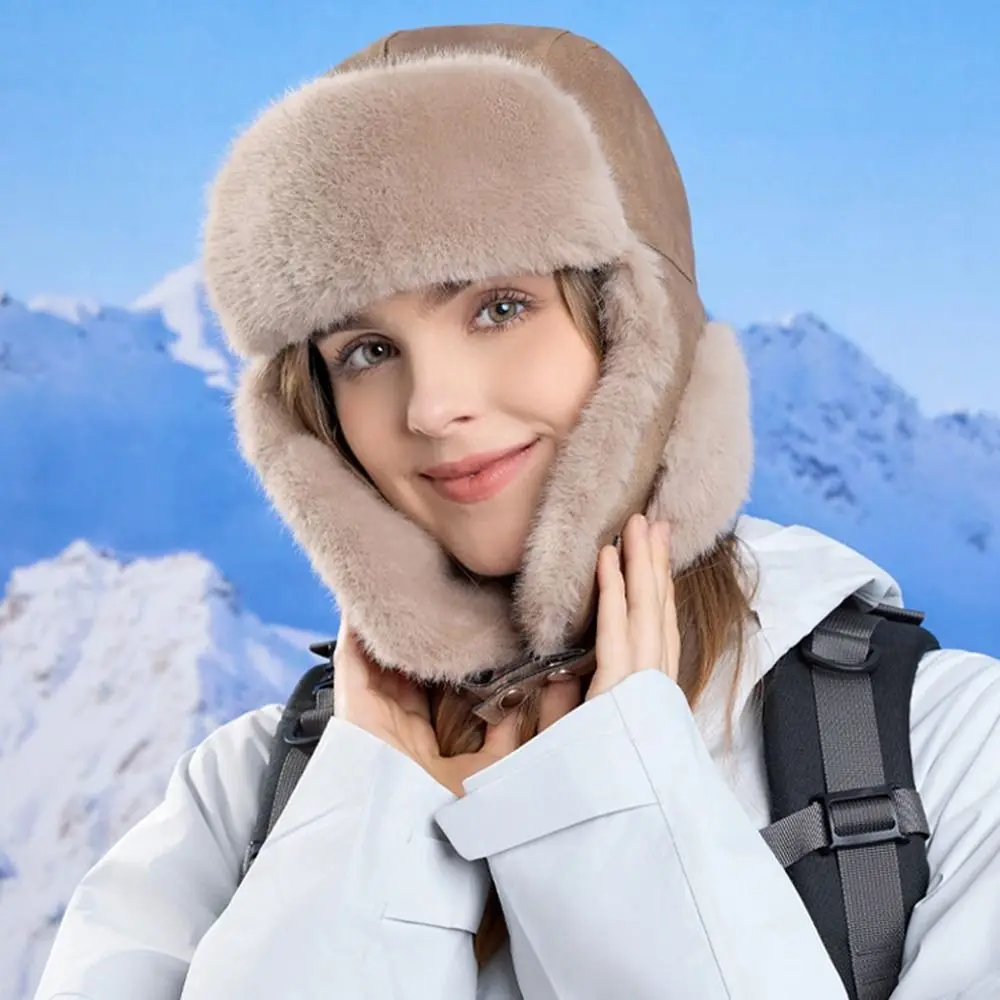 Fashion Windproof Faux Fur Pilot Cap Outdoor Thickened Ear Protection Hat Fluffy Warm Ski Pullover Cap Camping