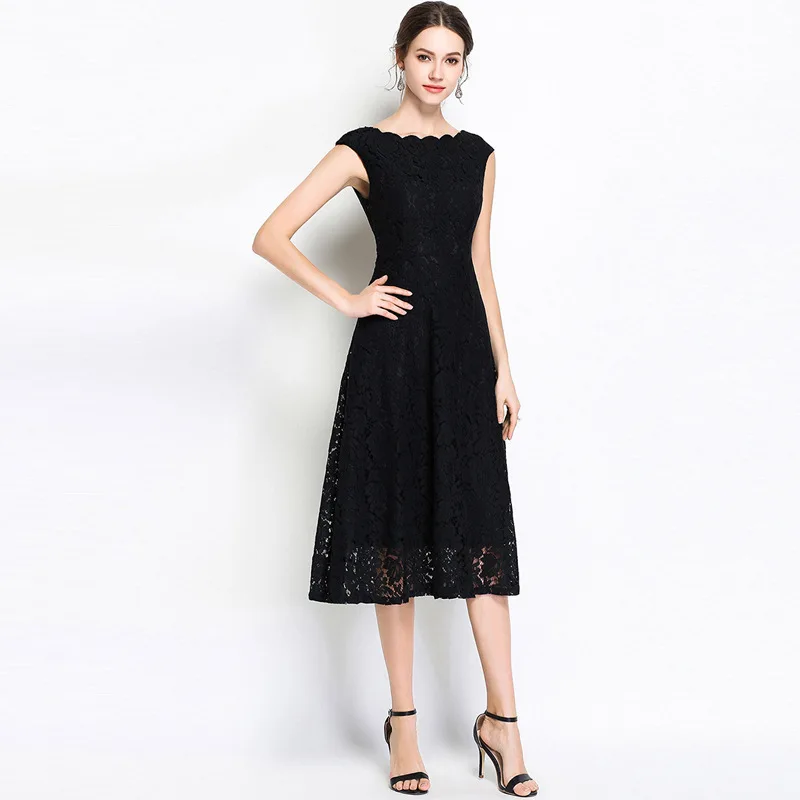 Vestidos Black Fashion Women's 2024 Summer Universal New Wave Neck Sleeveless Lace Elegant Cocktail Dresses Midi Long Dresses