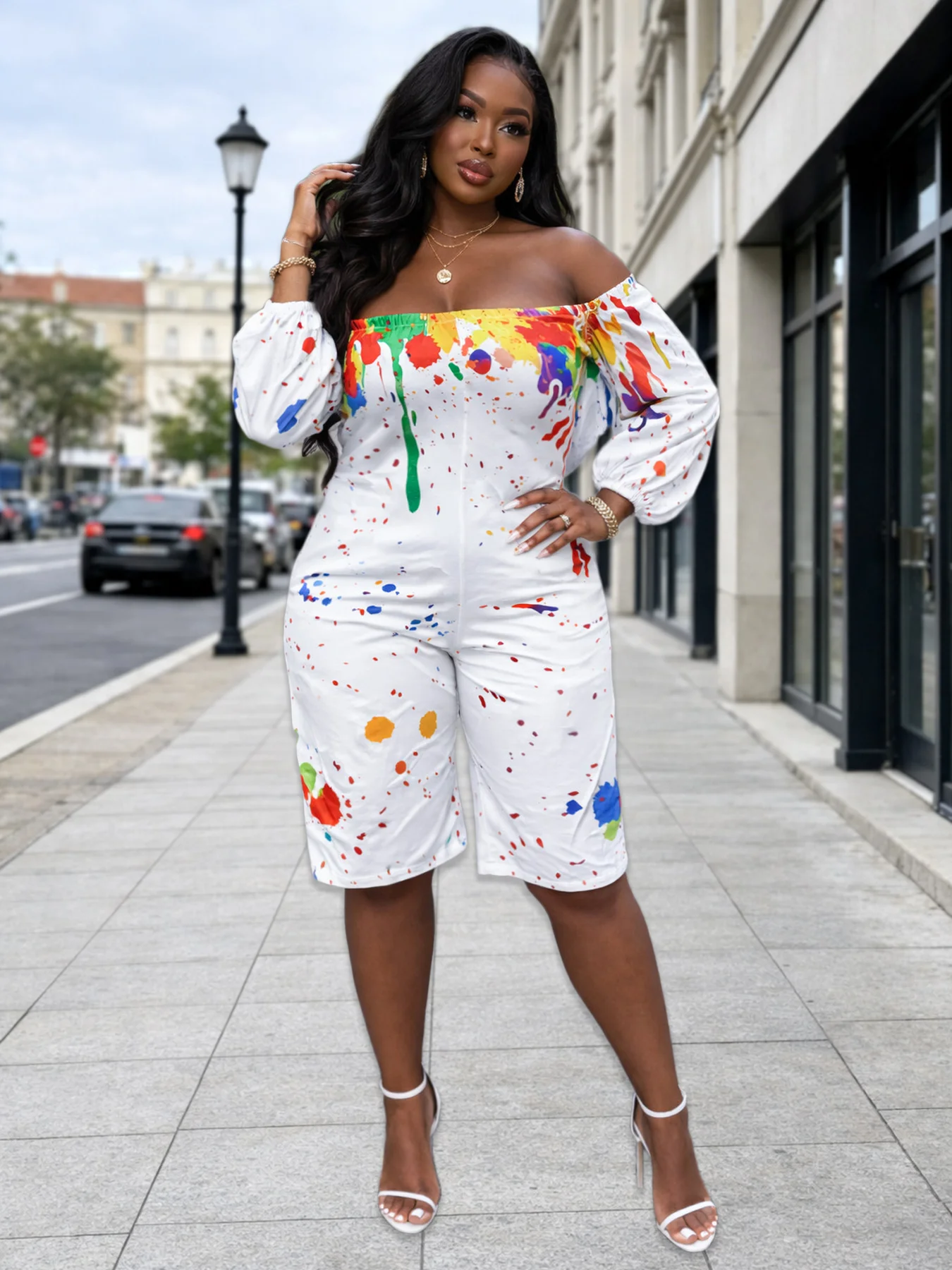 

Женский комбинезон с открытыми плечами и принтом в виде брызг краски – свободный комбинезон с длинными рукавами и карманами, повседневный летний наряд в стиле стритвир