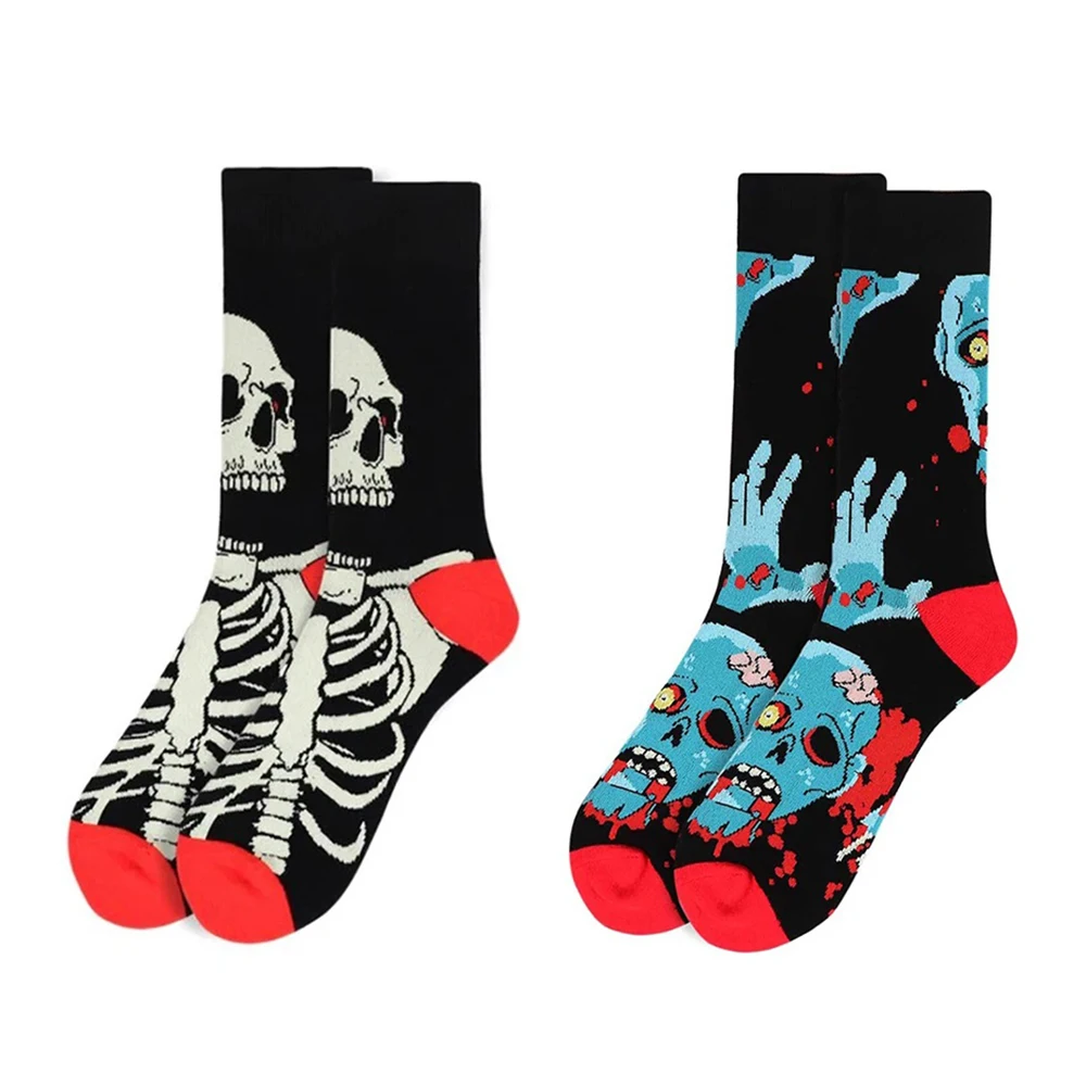 2 Pairs/Pack Gothic Halloween Skull Skeleton Bones Crew Socks Unisex Cotton Fashion Creative Men Women Stockings Novelty Socks