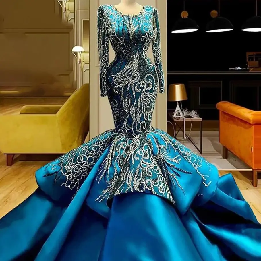 

Long Sleeves Mermaid Evening Dresses Arabic Dubai Elegant Female Formal Celebrity Prom Party Gown