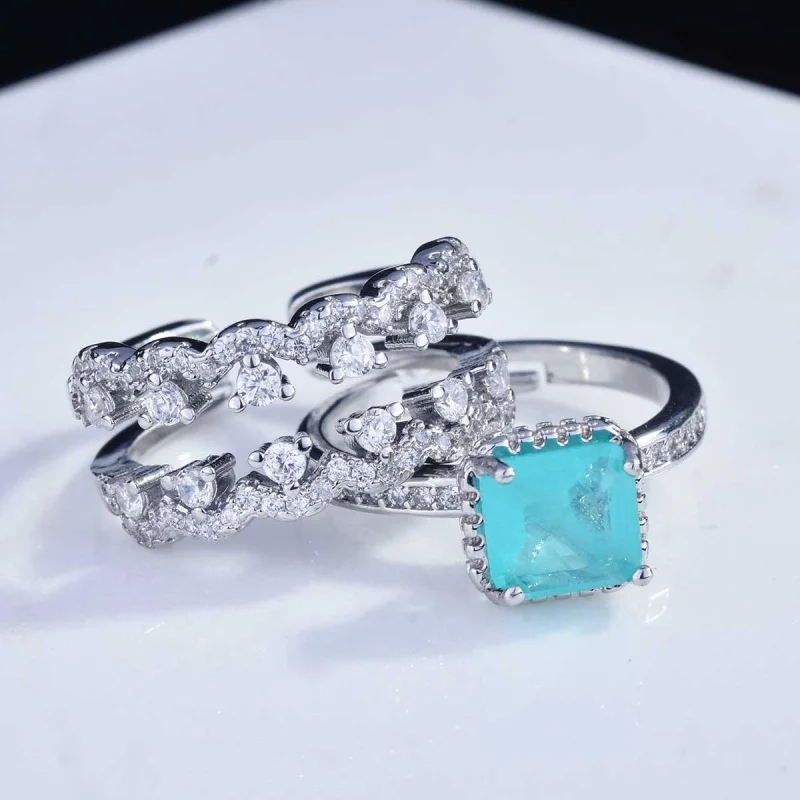 Elegant Imitation Paraiba Tourmaline Silver Ring Set for Ladies - Refined Jewelry Gift Quality Simulated Stones