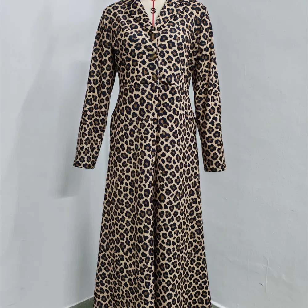 ليوبارد طباعة سترة عادية اضافية طويلة سترة واقية ربيع الخريف جديد المرأة دعوى طوق جيب سترة Manteau فام ملابس خارجية