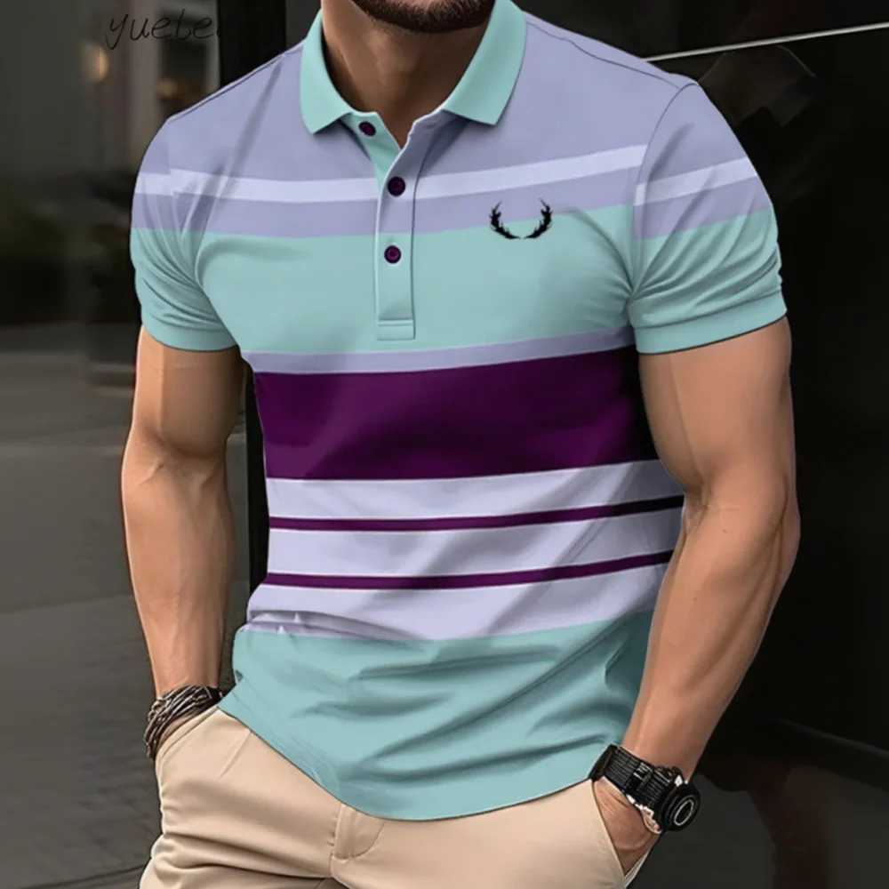 

Fashion Striped Printed Men's Polo Summer Breathable Men Clothing Casual Loose Men's Polo Top Versatile O-Neck Men's Polo Shirt