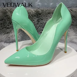 Veowalk Glossy Solid Mint Green Women Pointed Toe Curl Cut Stiletto Pumps Elegant Designer 80 100 120 High Heel Shoes for Party