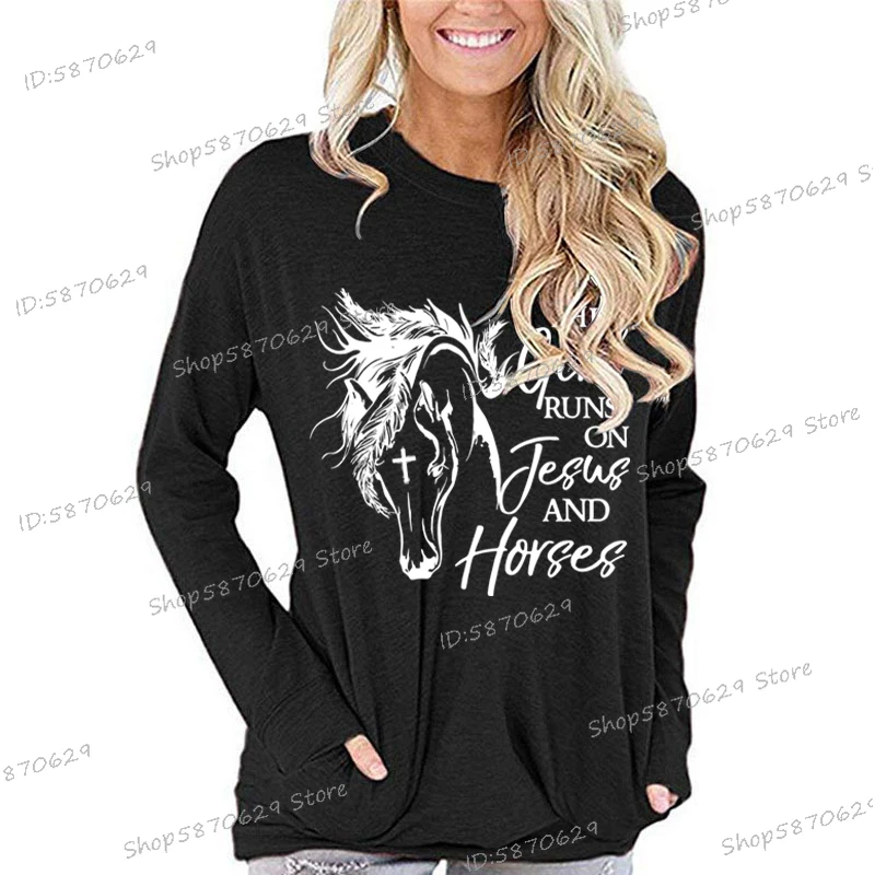 This Girl Runs on Jesus and Horses T-shirt Women Funny Animal Horse Vintage Religious Belief Shirt Christianity Long Sleeve Tops