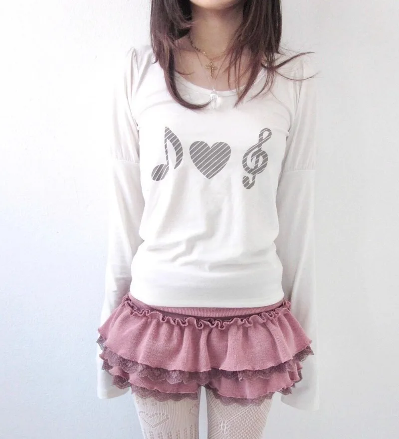 Korean Style Girl Y2k Tops Music Note Love Print Casual Pullover Slim Long Sleeved Shirts for Women Daily Spring Women Clothing
