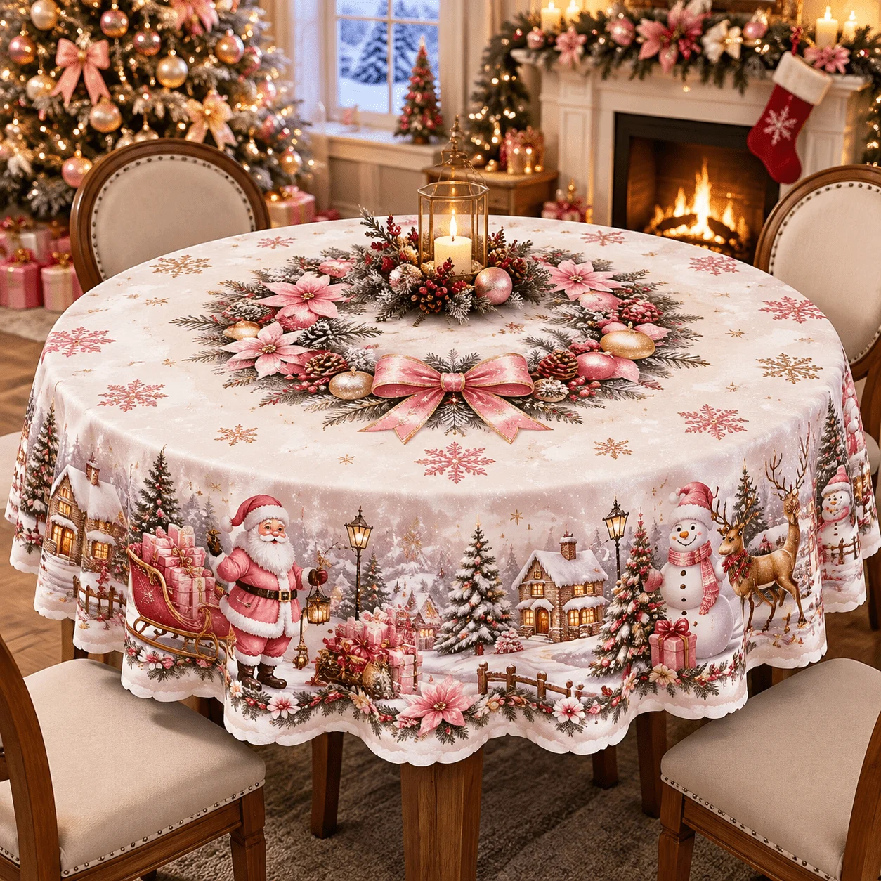 1 round tablecloth, Christmas pink gold wreath pattern polyester tablecloth, warm winter snow print dining table cloth