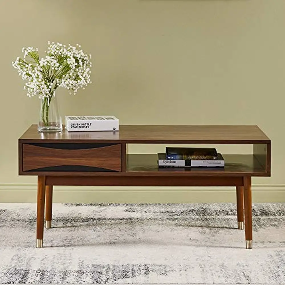 Mid-Century Modern Rectangular Coffee Table with Drawer & Shelf Walnut Finish Brass Leg Tips Easy to Clean Stylish Storage