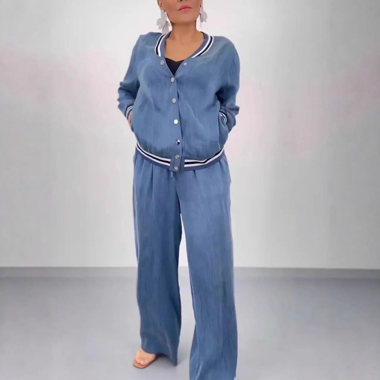 

Fashion Striped For Women's 2 Piece Set Autumn Casual Loose Jacket Simple Sporty Long Pants Female Suit Street Outfits Lady