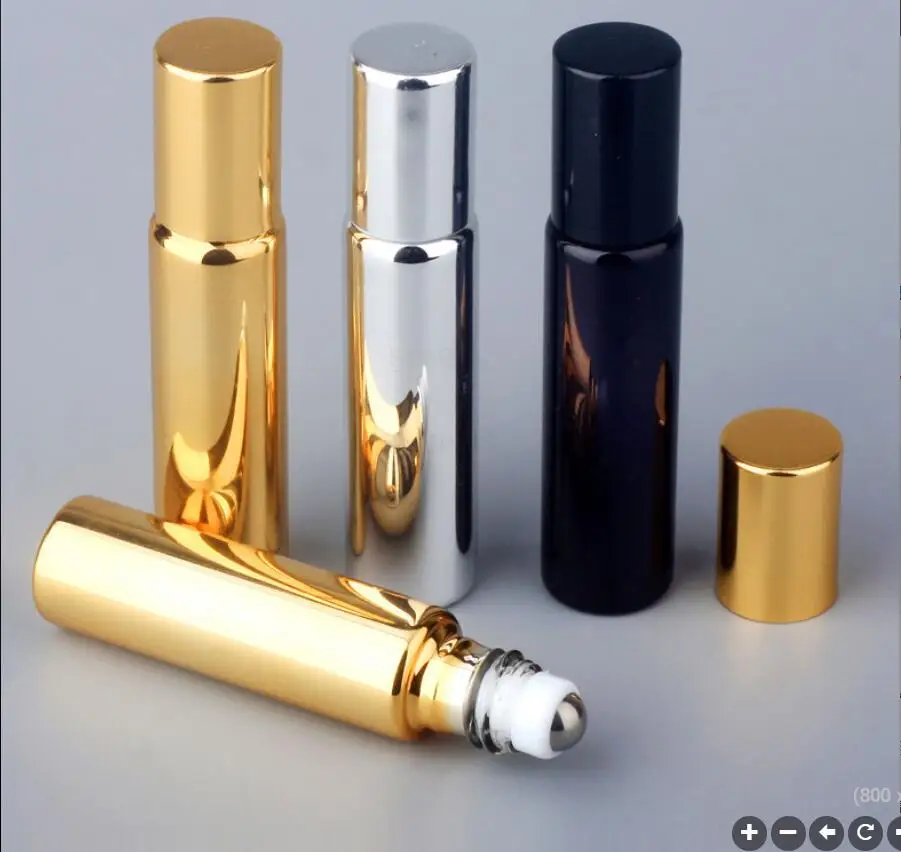 10ML UV gold/silver/black glass bottle steel roll on for eye cream/serum/perfume/essential oil  lip gloss cosmetic packing