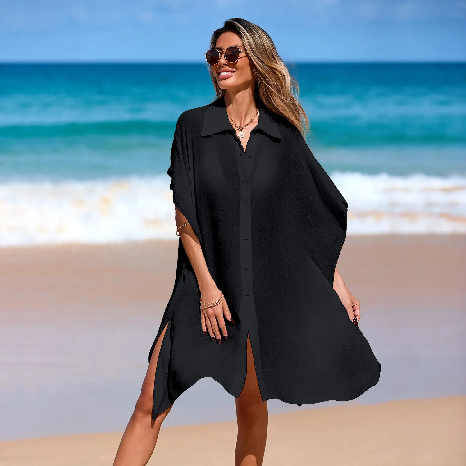 4 Colors Short Sleeve Long Shirt Top Blouse Tunic Beach Dress Beach Wear Beachwear Beach Cover Up Cover-ups Female Women