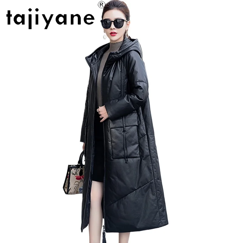 TAJIYANE 100% جلد البقر الحقيقي سترة منفوخة المرأة طويلة الأبيض أوزة أسفل معطف مقنعين سترات من الجلد الحقيقي 2025 ملابس حريمي 가dechı켓 #1
