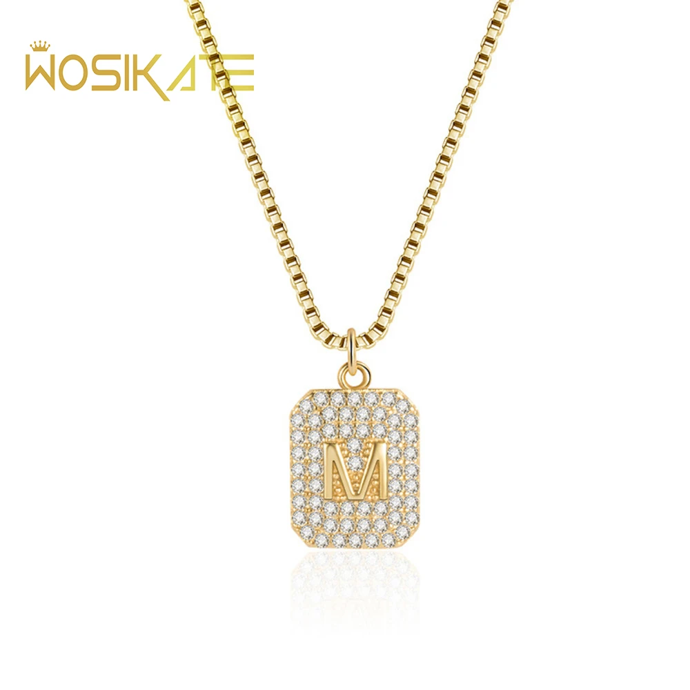 WOSIKATE Luxury M Letter Shape Square Pendant Necklace For Women Micro Zircon 18k Gold Plated Clavicle Chain Female Jewelry