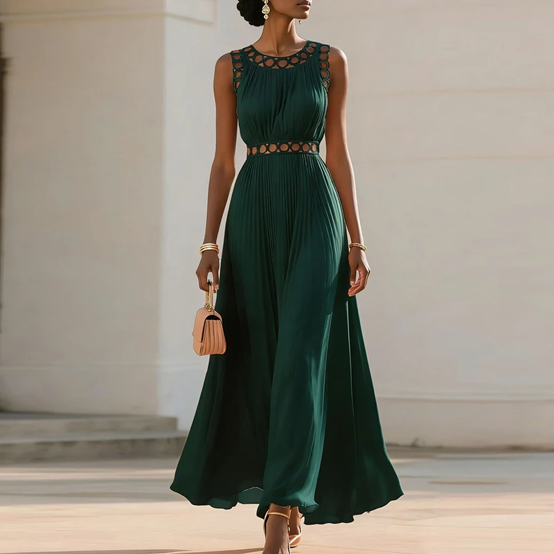 Szyfonowa sukienka maxi z wysokim stanem, plisowana, elegancka, w jednolitym kolorze, do pracy, codzienna, z dekoltem typu O, z wycięciami, bez rękawów, na imprezę.