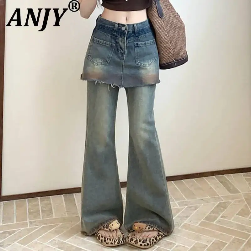 ANJY automne nouvelle femme Chic jean évasé faux deux pièces poches bavure américain rétro en détresse Ins élégant Y2K pantalons décontractés A8708