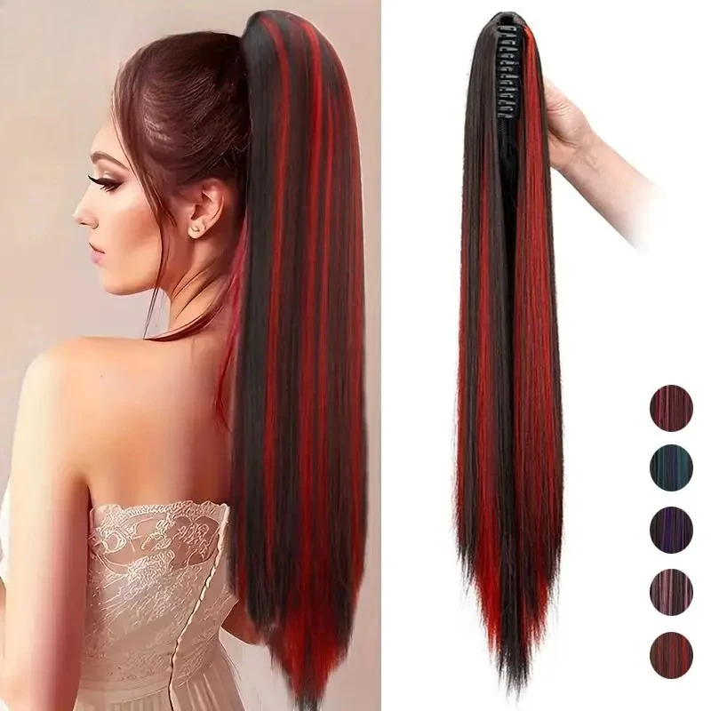 

24Inch Synthetic Long Straight Ponytail Hair Extension Claw Clip Brown Hightlights Blue Red Hairpiece for Women