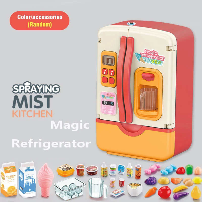 Refrigerador eléctrico con Spray ligero, juego de simulación, cocina para niños, Mini juego de accesorios de comida, casa de juegos para niños, juguete