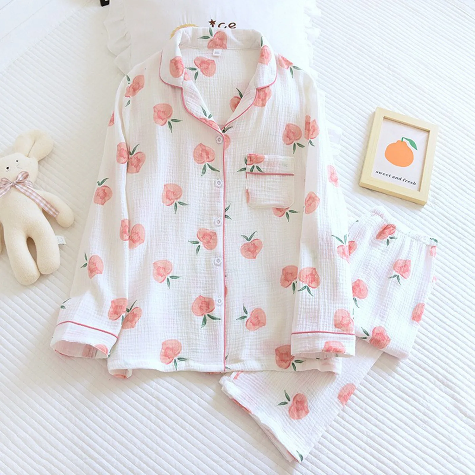 Women Spring Autumn And Summer Thin Pajamas Cute Pink Peach Print Cardigan Wear Set Fleece Pajamas Women Set