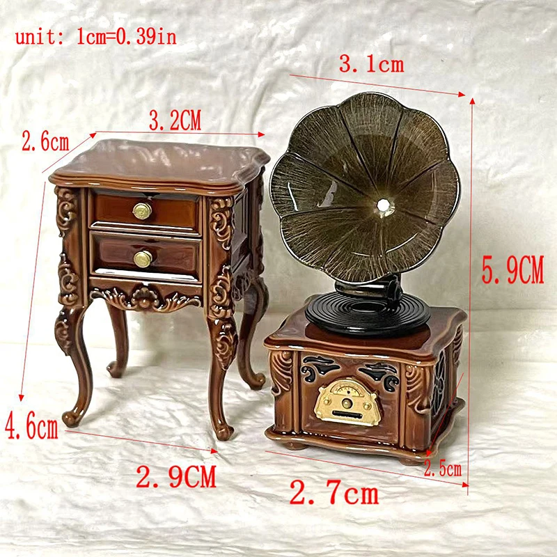 2Pcs/set 1:12 Dollhouse Miniature Retro Mini Phonograph Cabinet Set Can Play Songs Doll Home Living Room Furniture Decor Toy