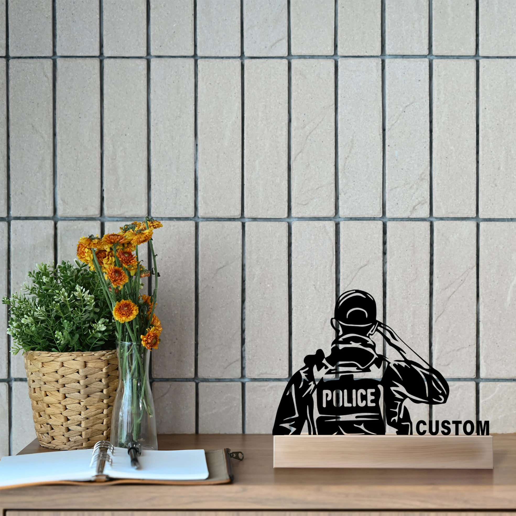 1pc Minimalist great police Custom Text Metal Statue Metal Ornament With Wood Base Iron Sculpture Handicraft With Wood Base