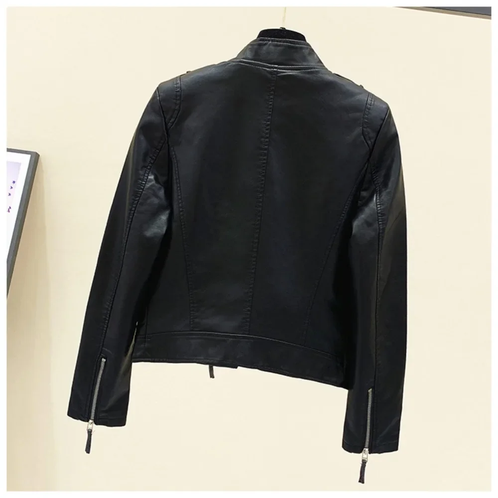 2024 Leather Jacket Ladies Autumn New American Style High Waist Slim Net PU Motorcycle Coat Women Short Spring Small