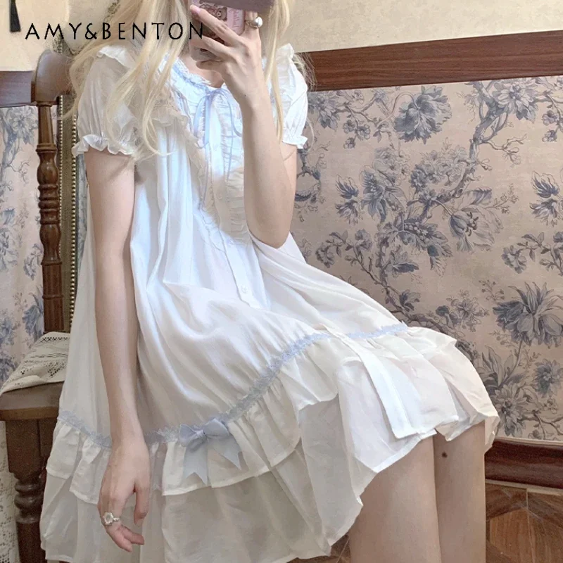 2024 New Japanese JK Uniform Lolita Lazy Summer White Short Sleeves Lace Loose Straight Fashion and Versatile Dress For Girls