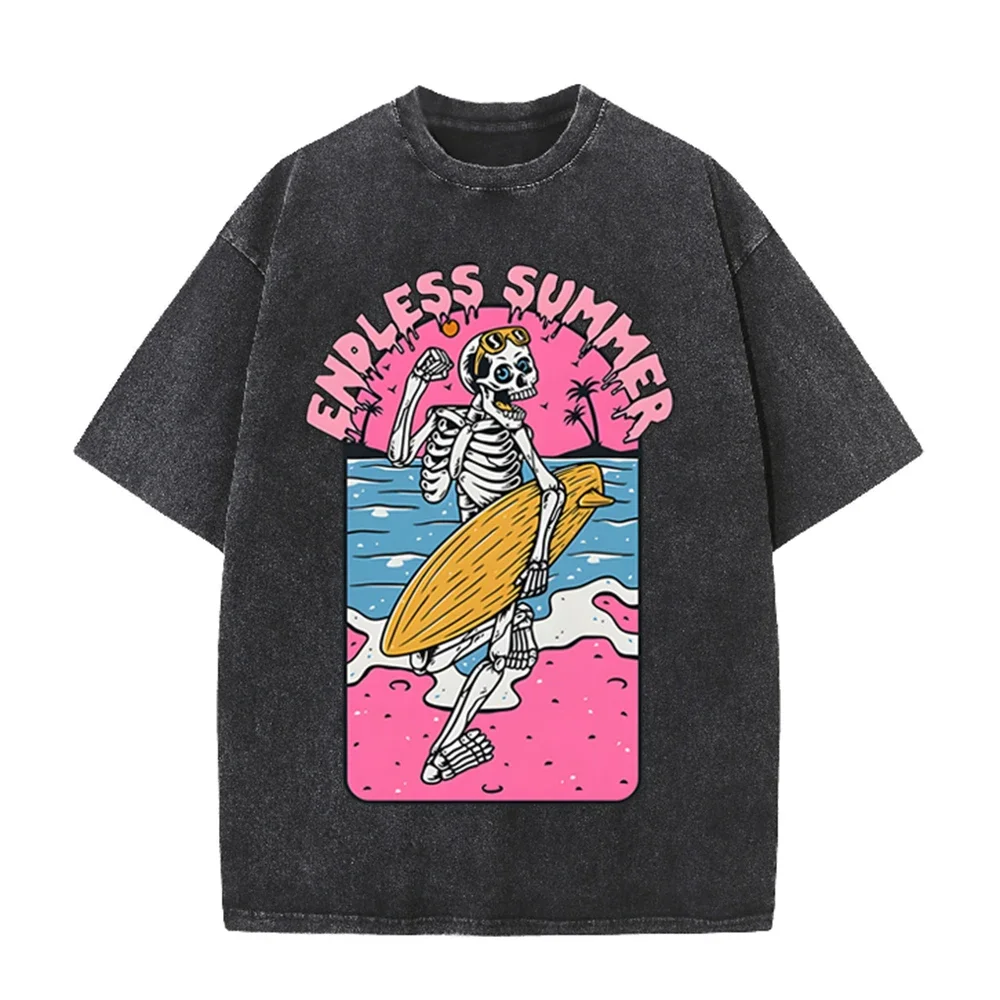 2026 Vintage Skeleton Surfer Endless Summer Graphic Black Acid Washed T Shirt Pink Beach Palm Tree Retro Cartoon Oversized Unise