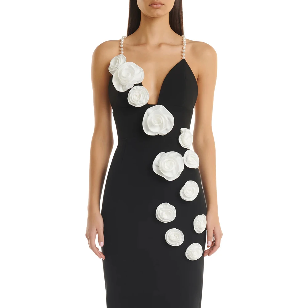 Black Flower Appliques Sexy Spaghetti Strap Bandage Dress Sexy Sleeveless Maxi Celebrity Evening Prom Runway Party Dress