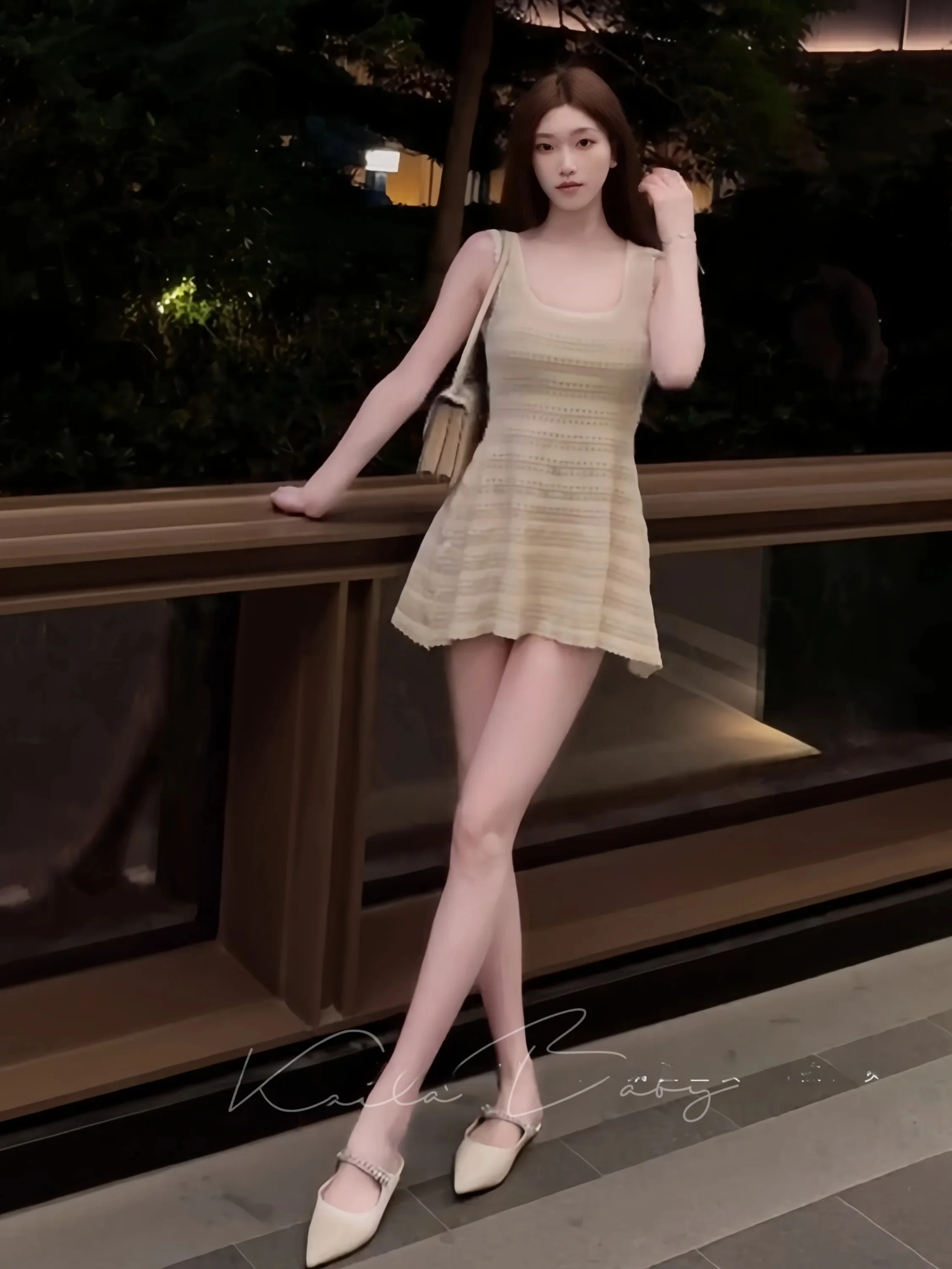 

Slim Fit Knitted Hollow out Short Sleeveless Vest A-Line Skirt Summer Slimming Dress Commute Style Elastic Knit Hollow Design