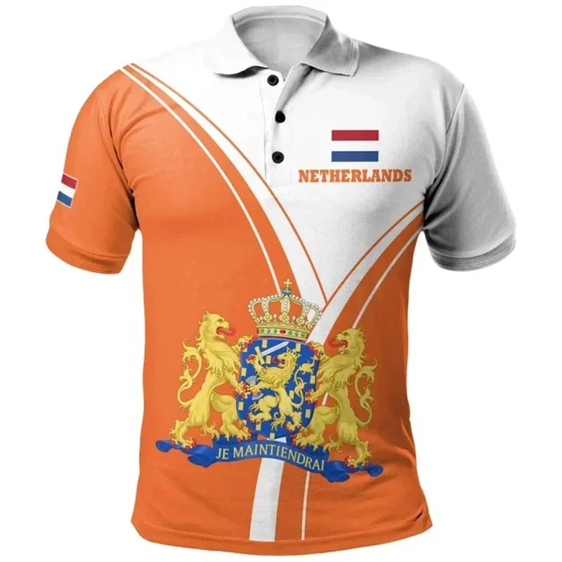 Spring and Summer Men Netherlands 3D Flag Print Country Logo Pattern Shirt Short Sleeve Top Summer Informal Shirt