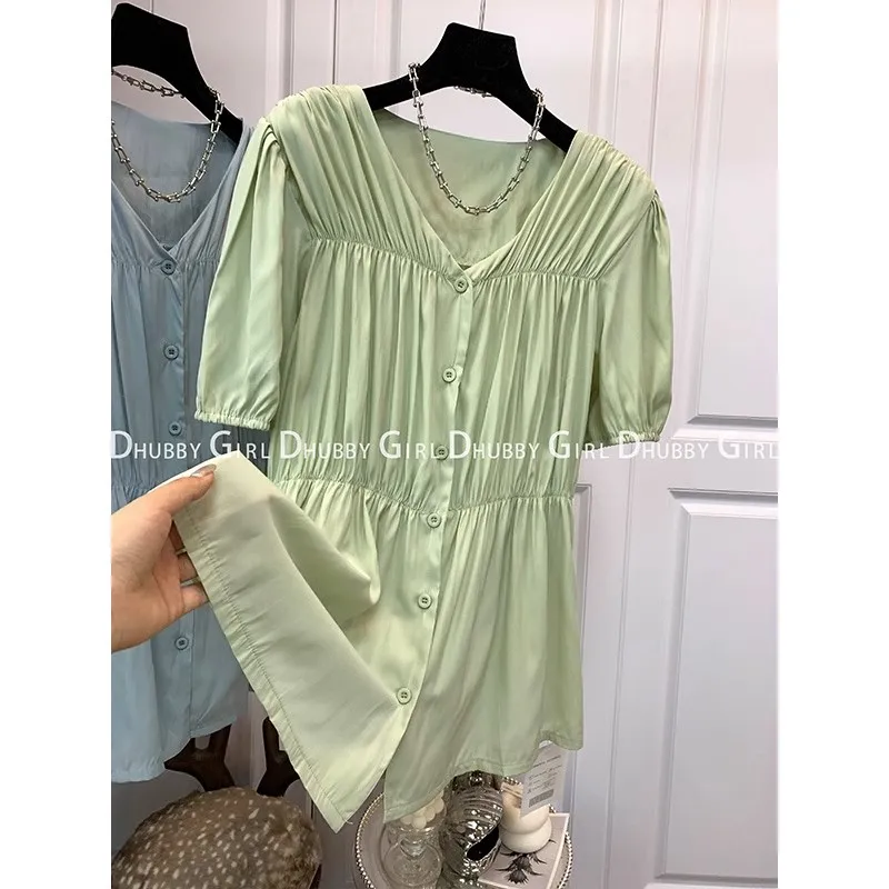 Green Mid-Length High Quality Tshirt Tees Women Buttons 2023 Summer Short Sleeve Korean Fashion Ladies