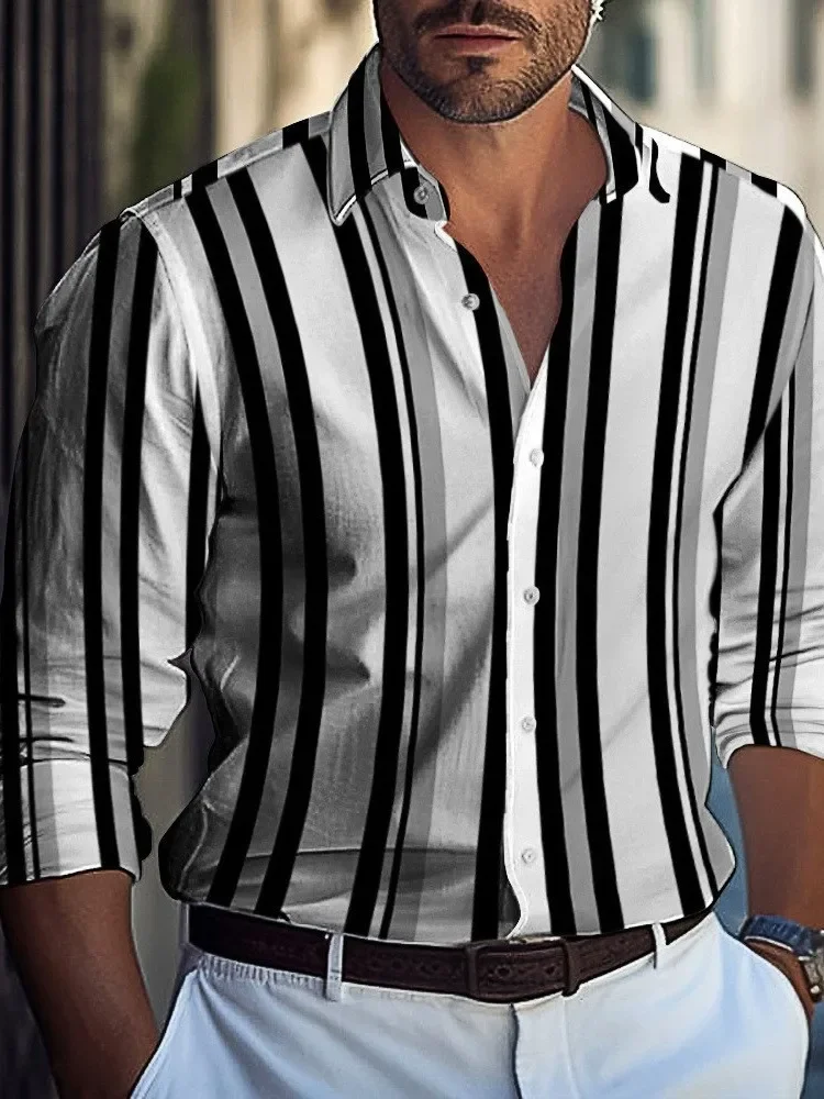 Nuova Camicia alla Moda a Righe con Colletto e Maniche Lunghe per Uomo