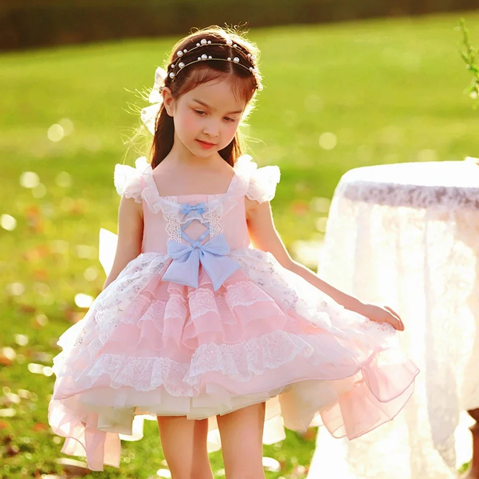 Bonito rosa flor menina vestido de manga curta tule renda com arco para festa de aniversário de casamento pageant crianças princesa vestido de baile