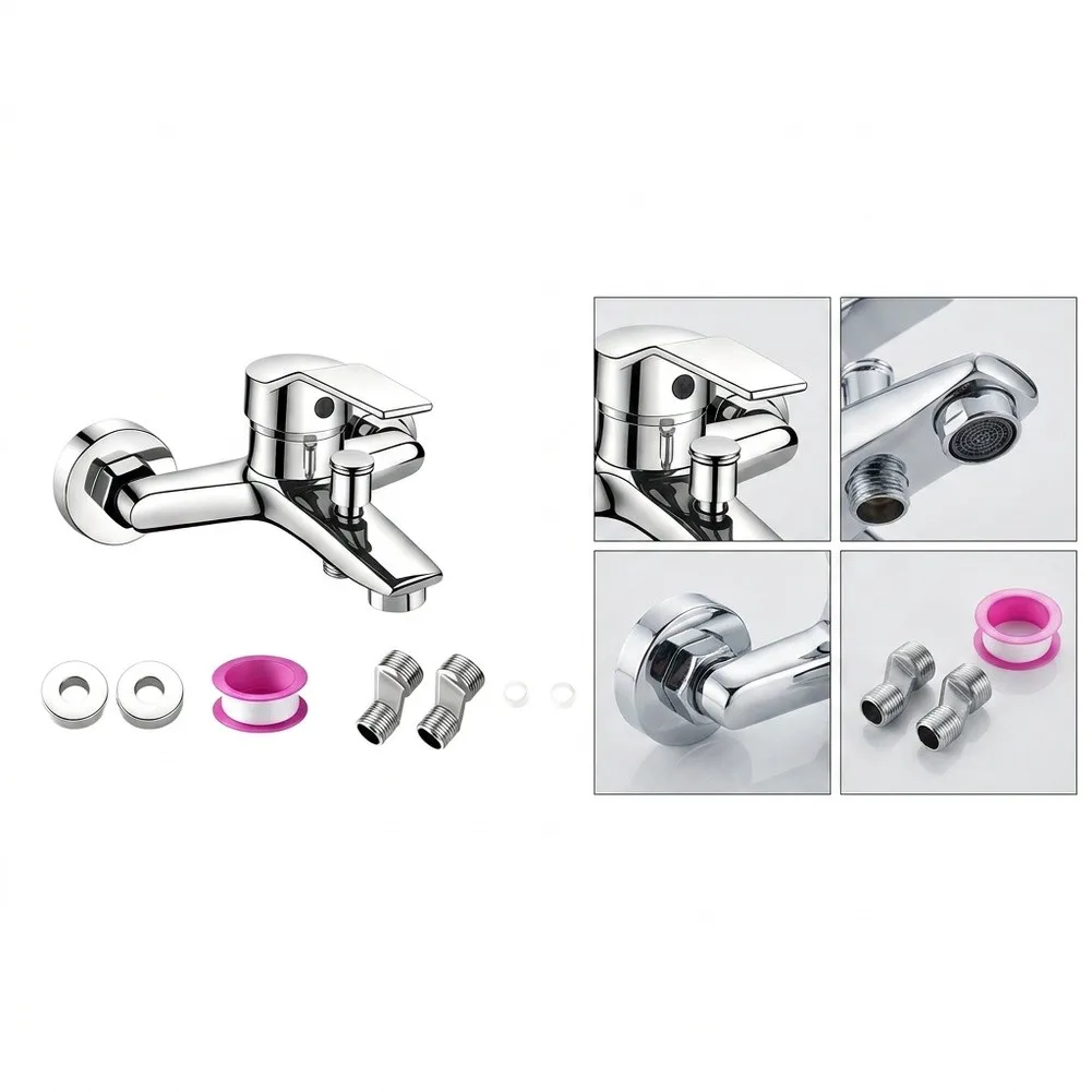 Single Handle Bath Shower Mixer Faucet with Bathtub Spout Wall Mount Stainless Steel Construction 21cm Silver Color