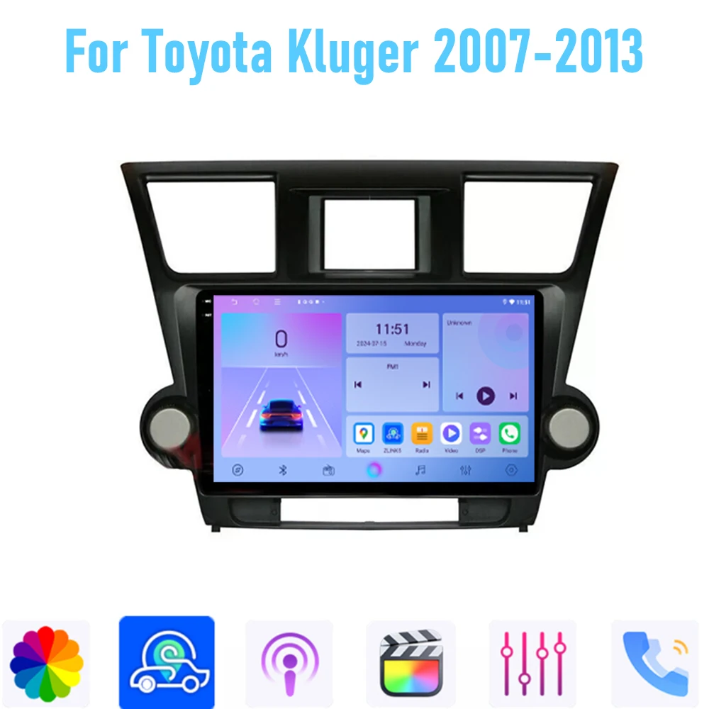 10'' For Toyota Kluger 2007-2013 Car Radio Stereo Wireless Apple Carplay Android 15 Auto GPS Camera Google Map Head Unit WIFI