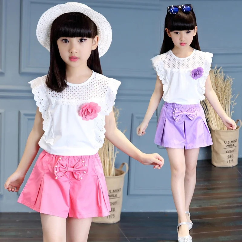 Manis Fashion bayi perempuan lengan pendek Set celana pendek putih Hollow T-shirt busur dekorasi musim panas pakaian olahraga anak-anak besar 2 3 4 6 12 tahun