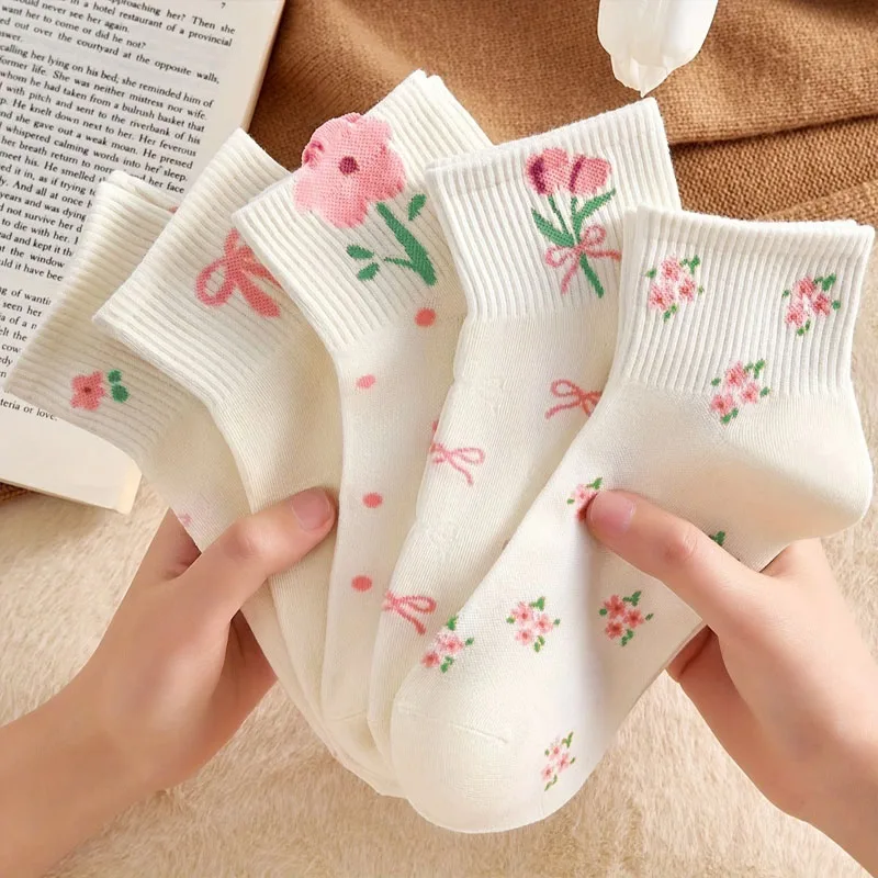 5 Pares de Calcetines para Niñas, Lindos Calcetines Infantiles con Diseño Floral Pequeño, Lazo y Flores, Cómodos y Transpirables